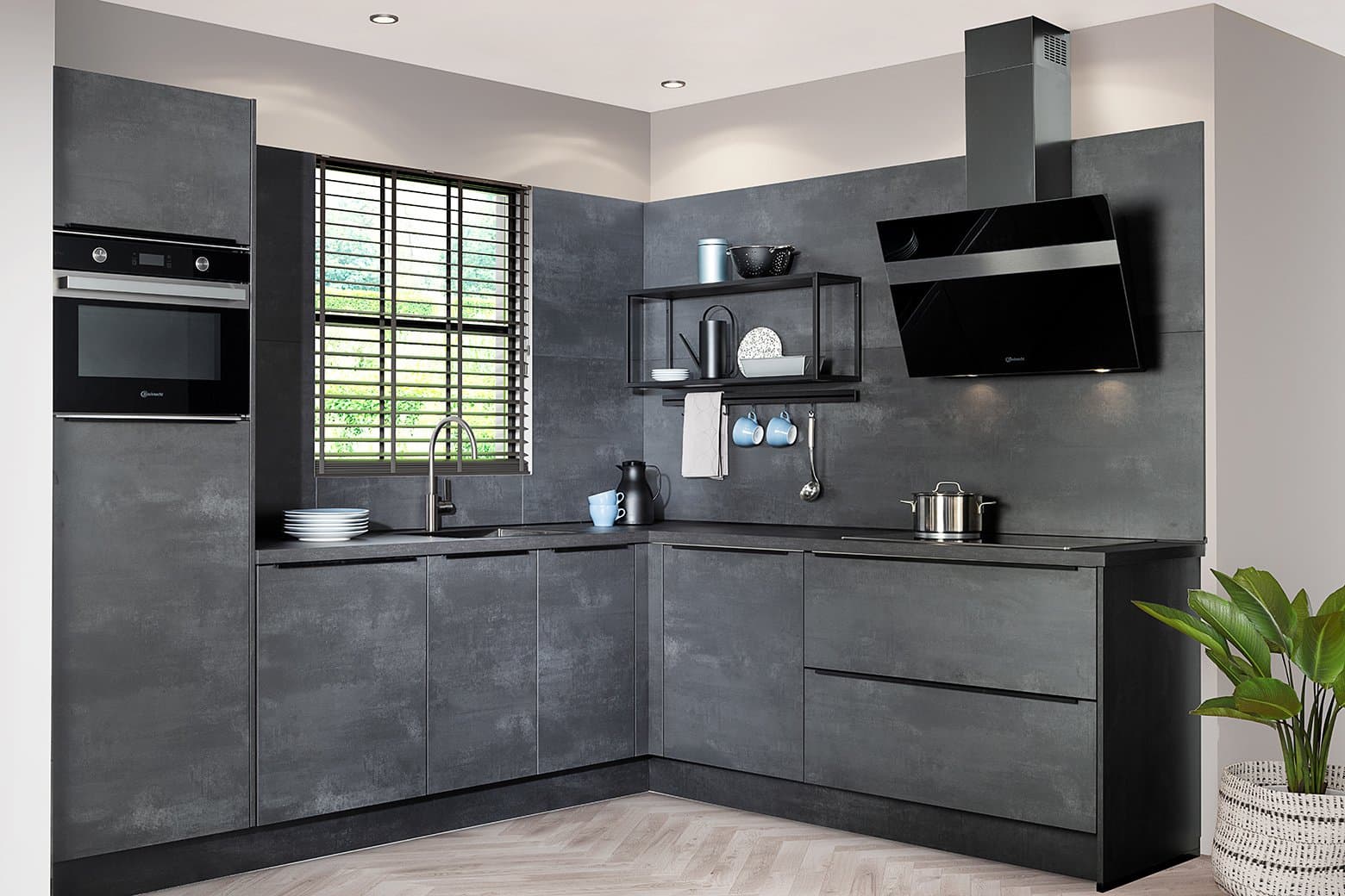 Zwarte-betonlook-hoekkeuken