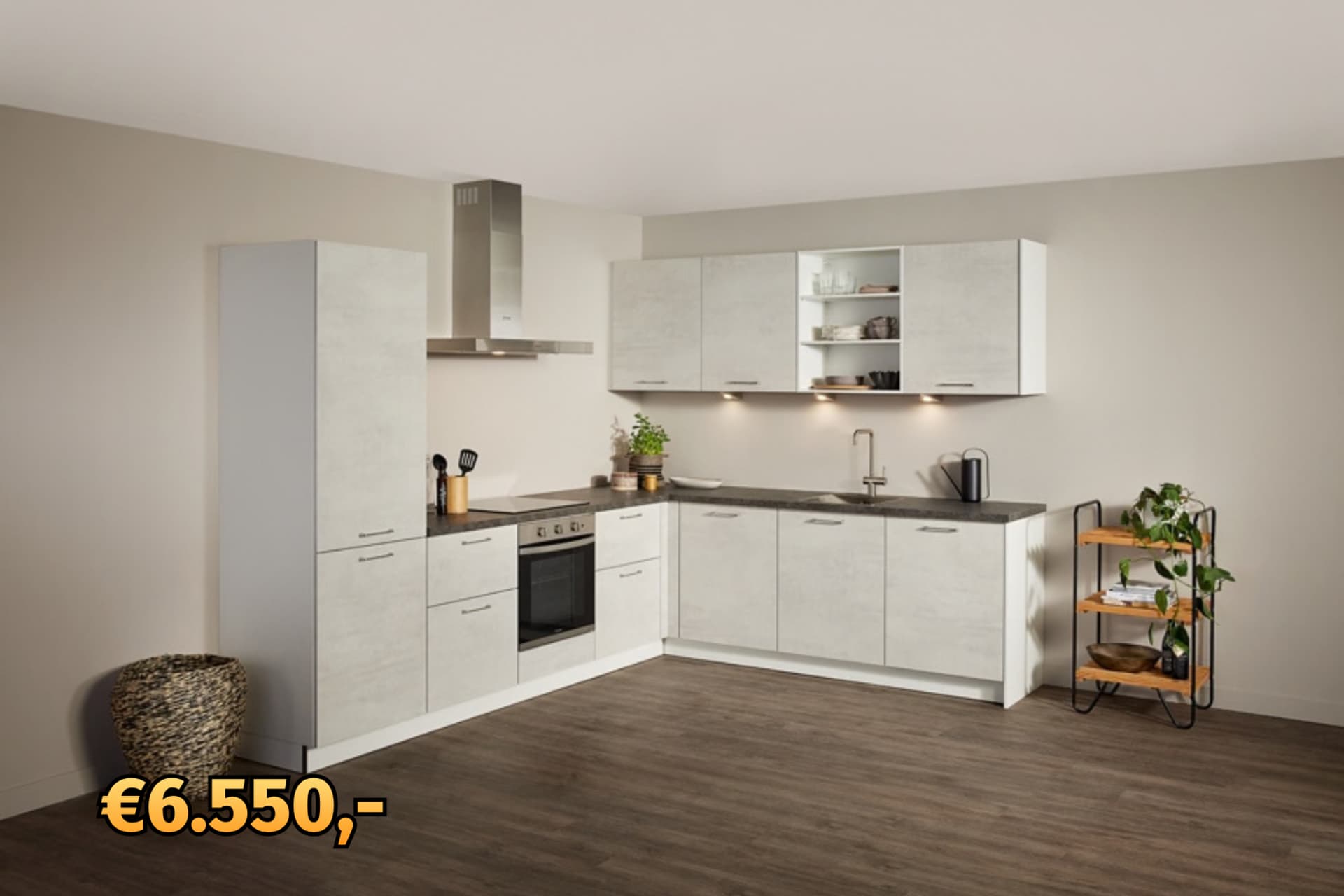 prijstopper-brody-header.png Witte hoekkeuken met rvs grepen