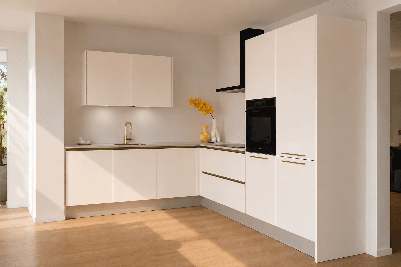 eilandkeuken-paton-magnolia.png Magnolia matte hoekkeuken met gouden grepen