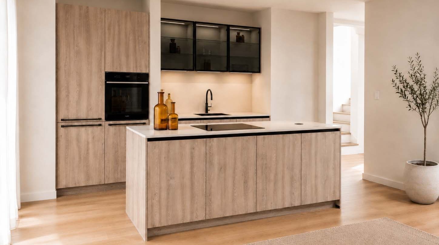 keuken-kopen-tautz-eilandkeuken.jpg Licht houten eilandkeuken met zwarte transparante bovenkastjes
