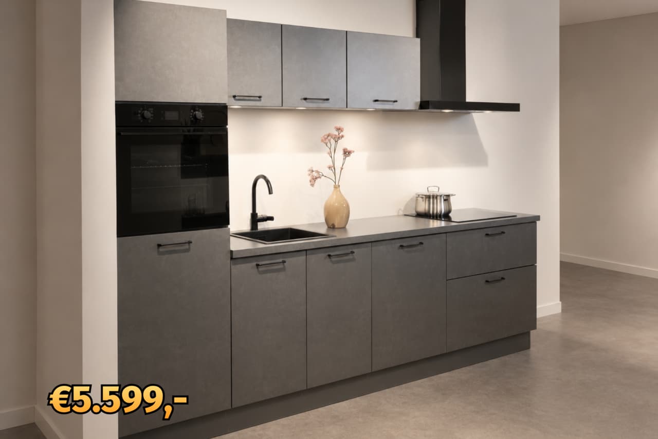 prijstopper-bosco-header.png Rechte grijze keuken met zwarte grepen