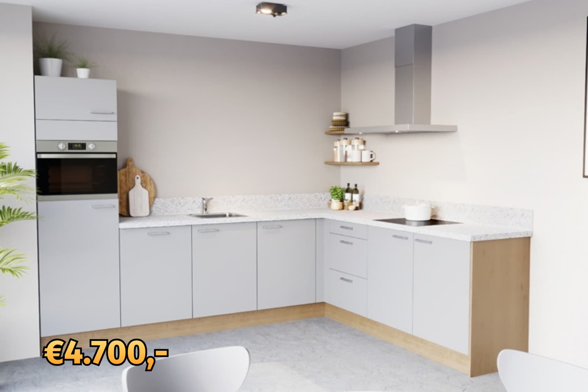 prijstopper-roan-header.png Witte hoekkeuken met witte werkblad