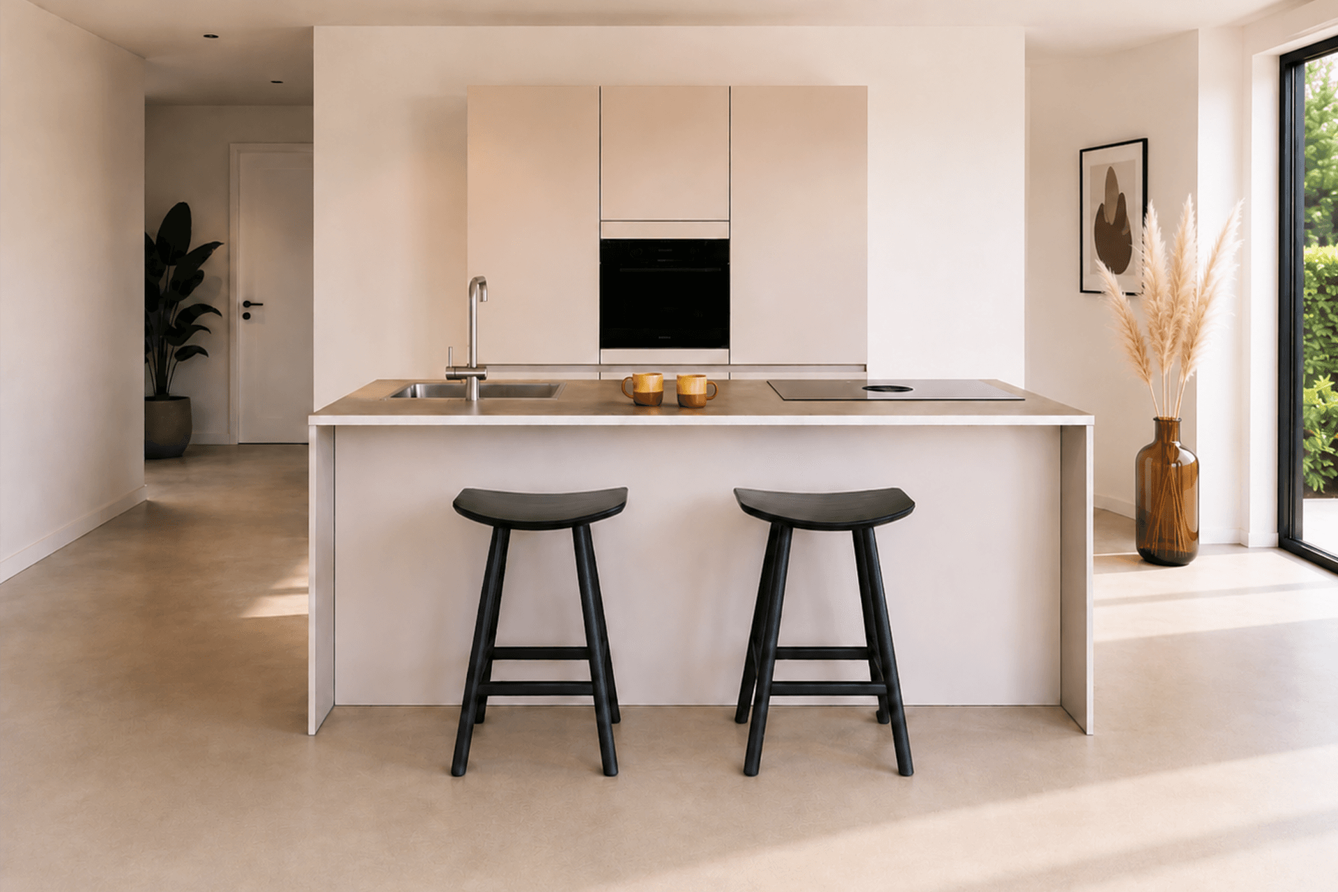 Witte keuken met hoge kasten en een kookeiland met bar
